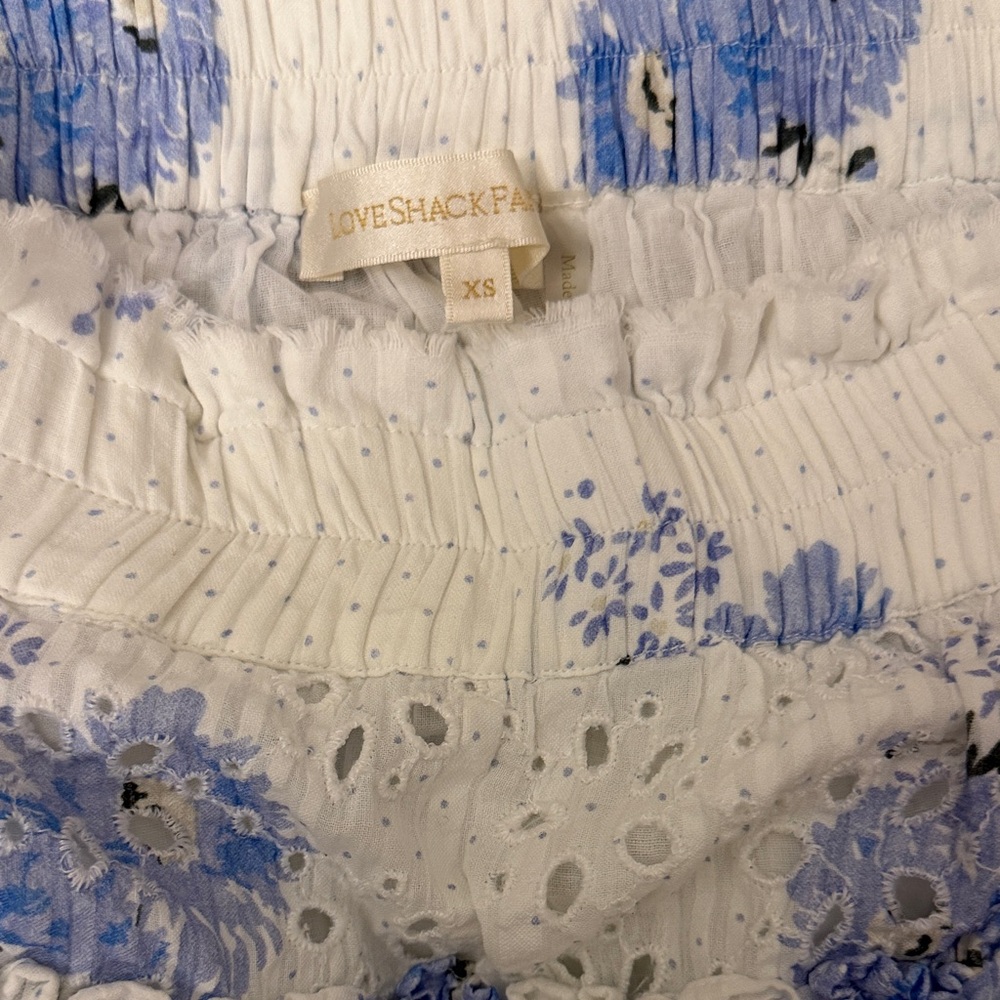 LoveShackFancy White Eyelet Tiered Mini Skirt with Blue Floral